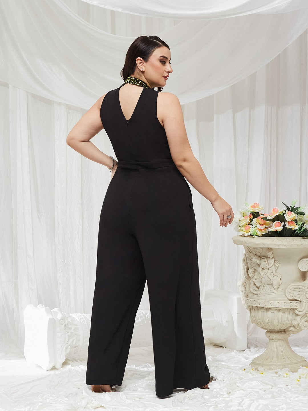 Black And Green Halter Neck Sleeveless Embellished Regular-Length Jumpsuit for Women — Miss Chase A+