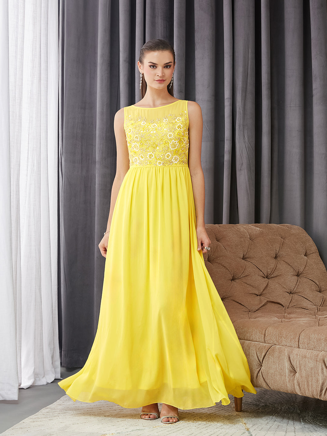 Women's Light Yellow Boat Neck Sleeveless Embroidered Georgette Gathered Maxi Dress