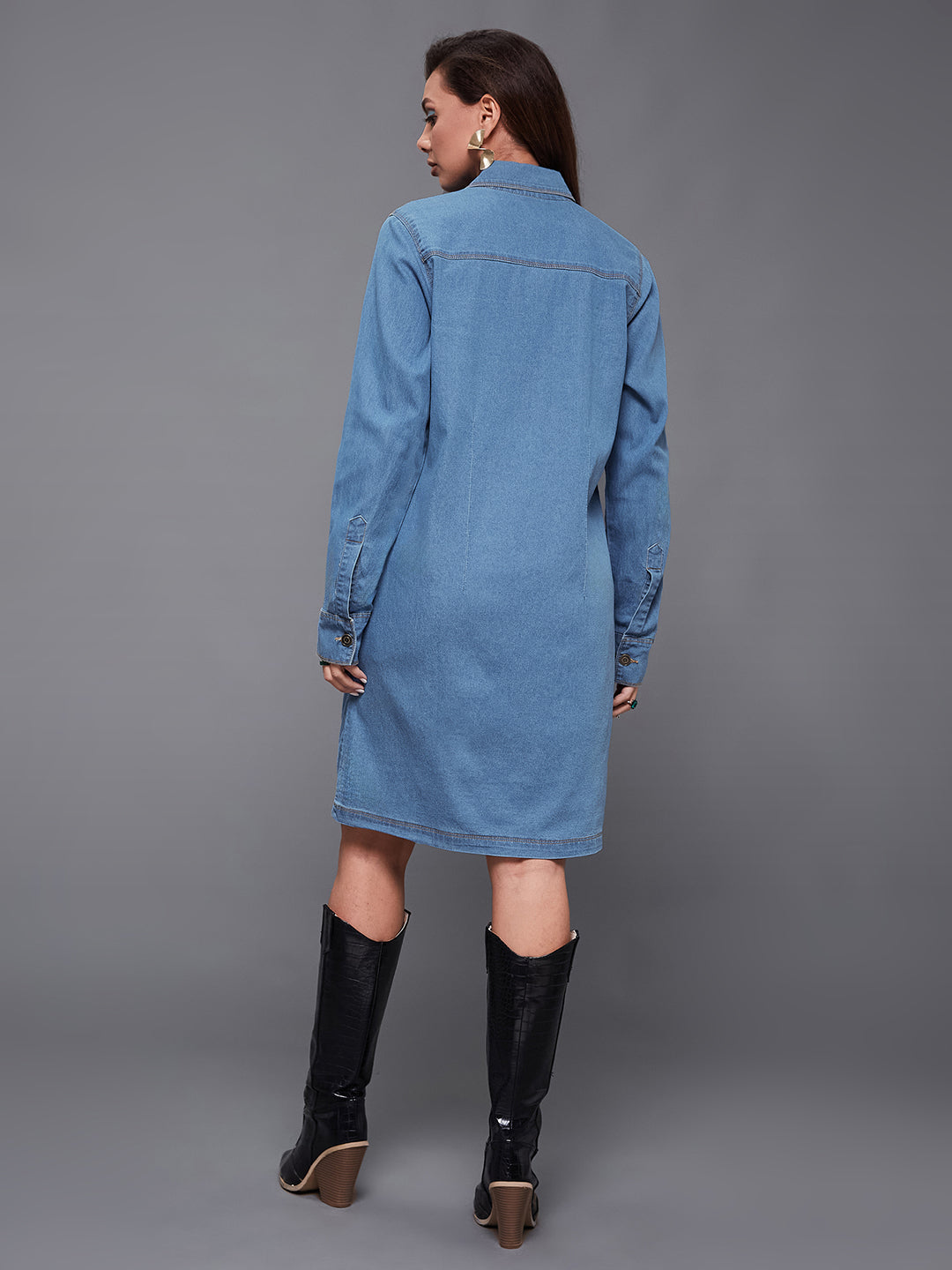 Women's Blue Polo Neck Full Sleeves Light Weight Denim Knee-Long Shrug