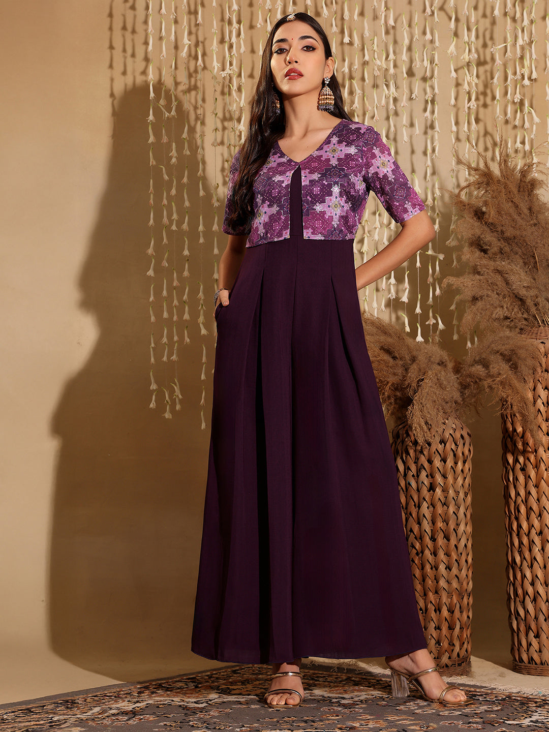 Women'S Dark Purple V Neck Half Sleeve Pleated Polyester Regular-Length Solid Jumpsuit