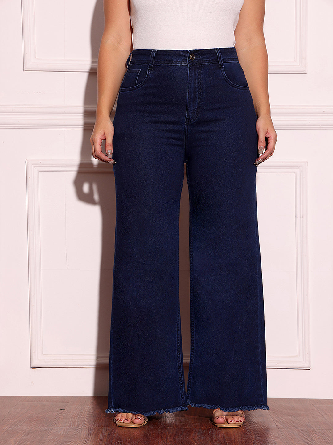 CHASEstretch™ Navy-Blue Wide-Leg High-Rise Clean-Look Regular-Length Stretchable Denim Jeans for Women — Miss Chase A+