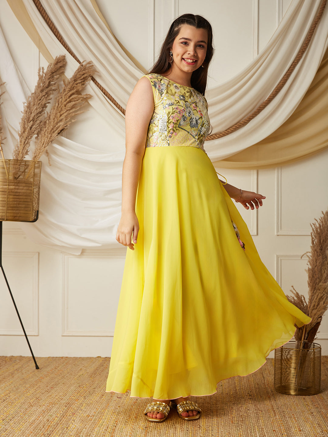 Multicolored-Base-Light Yellow Round-Neck Sleeveless Embellished Flared Polyester Maxi Dress