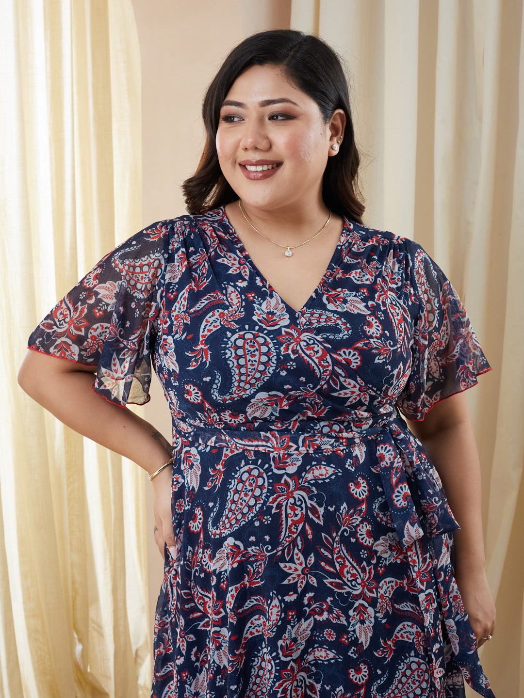 Multicolored Navy Floral Wrap Chiffon Maxi Dress with Flutter Sleeves & Frilled Hem for Women — Miss Chase A+