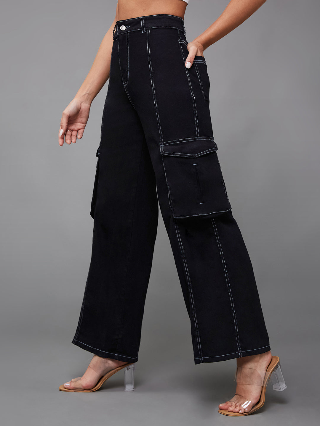 24/7 Comfort Women's Black Wide-Leg High-Rise Stretchable Cargo Denim Jeans