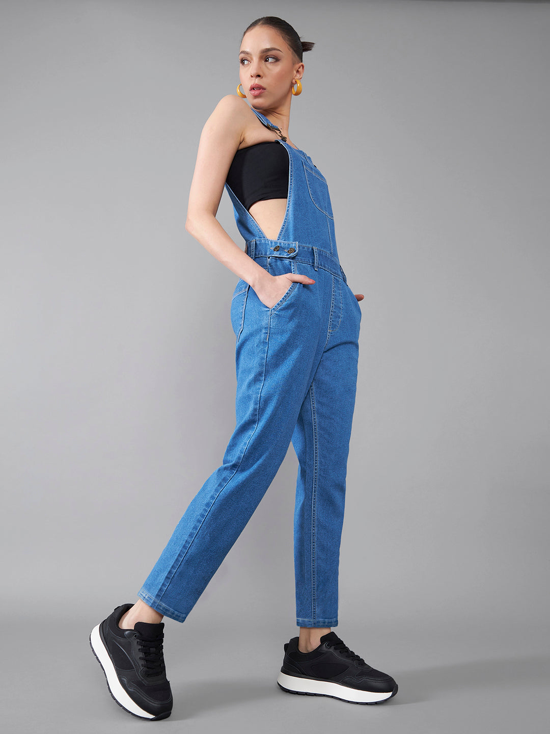 Women's Blue Regular Fit Mid Rise Regular Length Denim Dungaree