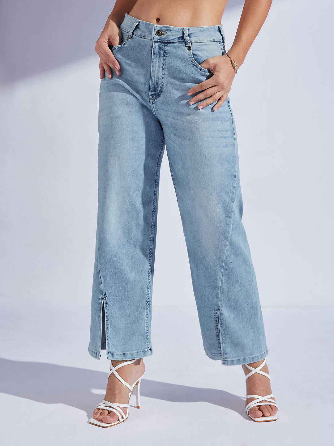 Light Blue Wide-Leg Mid Rise Clean Look Regular-Length Stretchable Denim Jeans for Women