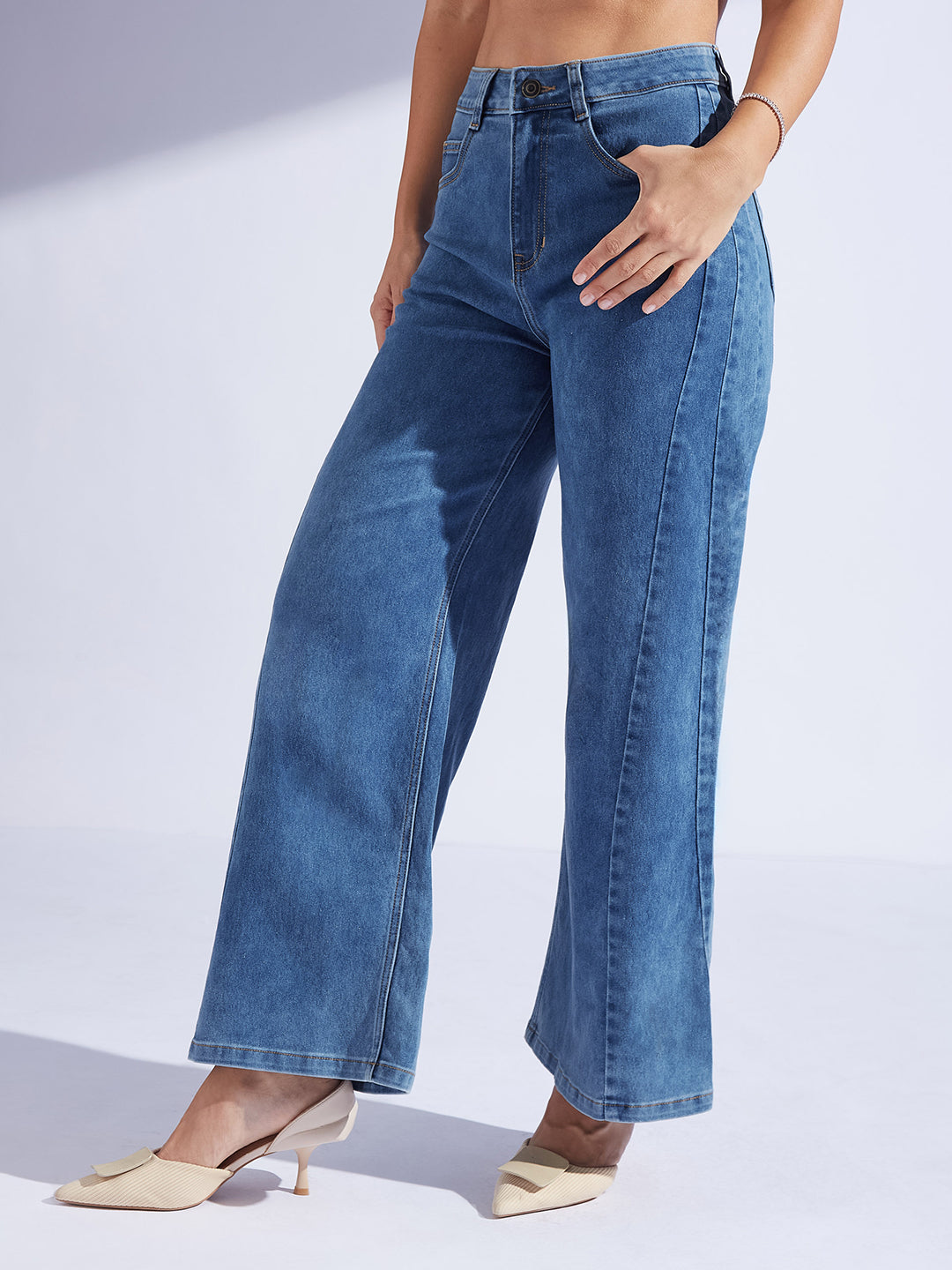 Women's Mid Blue Wide Leg High-Rise Curved Panel Stretchable Denim Jeans