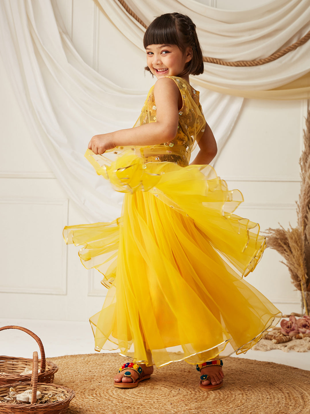 Multicolored-Base-Mustard Boat-Neck Sleeveless Embellished Fit & Flare Regular Fusion Set