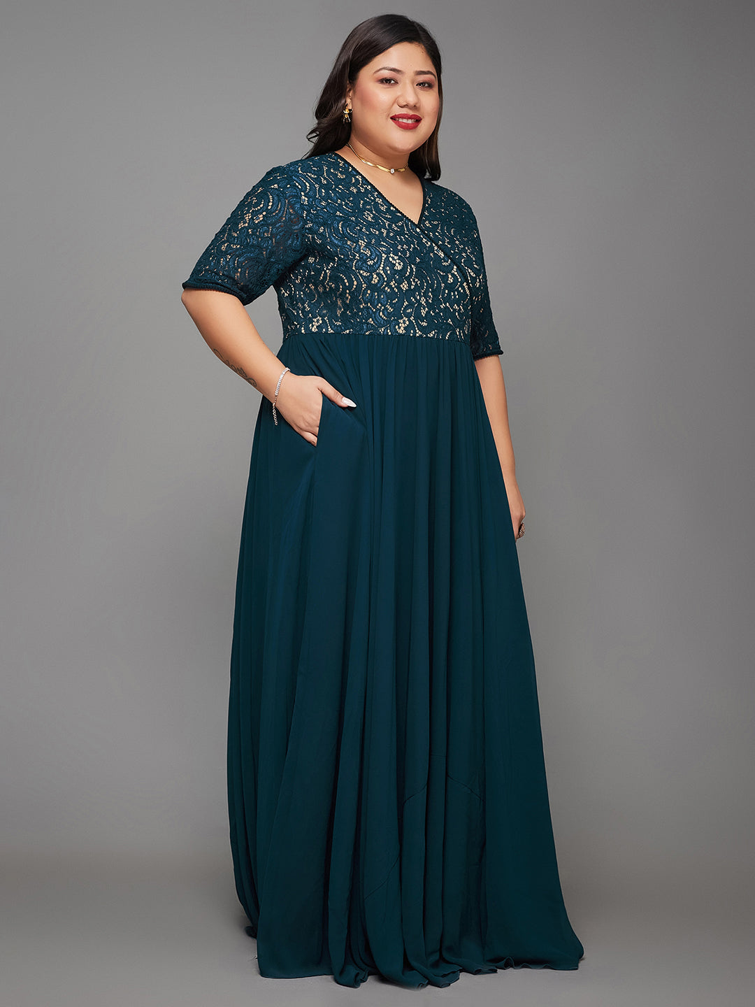 Women's Teal V-Neck Half Sleeve Self Designed Wrap Georgette Maxi Dress