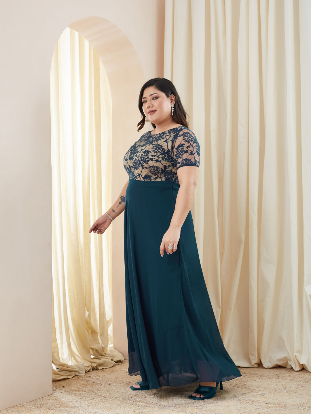 Teal Round Neck Half Sleeve Self Design Fit & Flare Georgette Maxi Dress for Women — Miss Chase A+