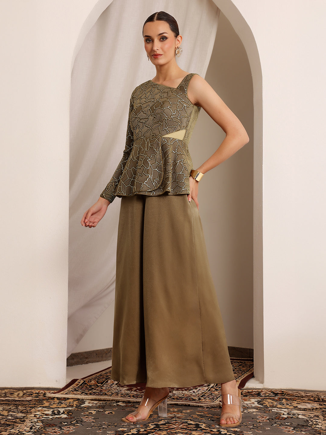 Lila Zari Dark Beige Geometric Peplum Satin Jumpsuit