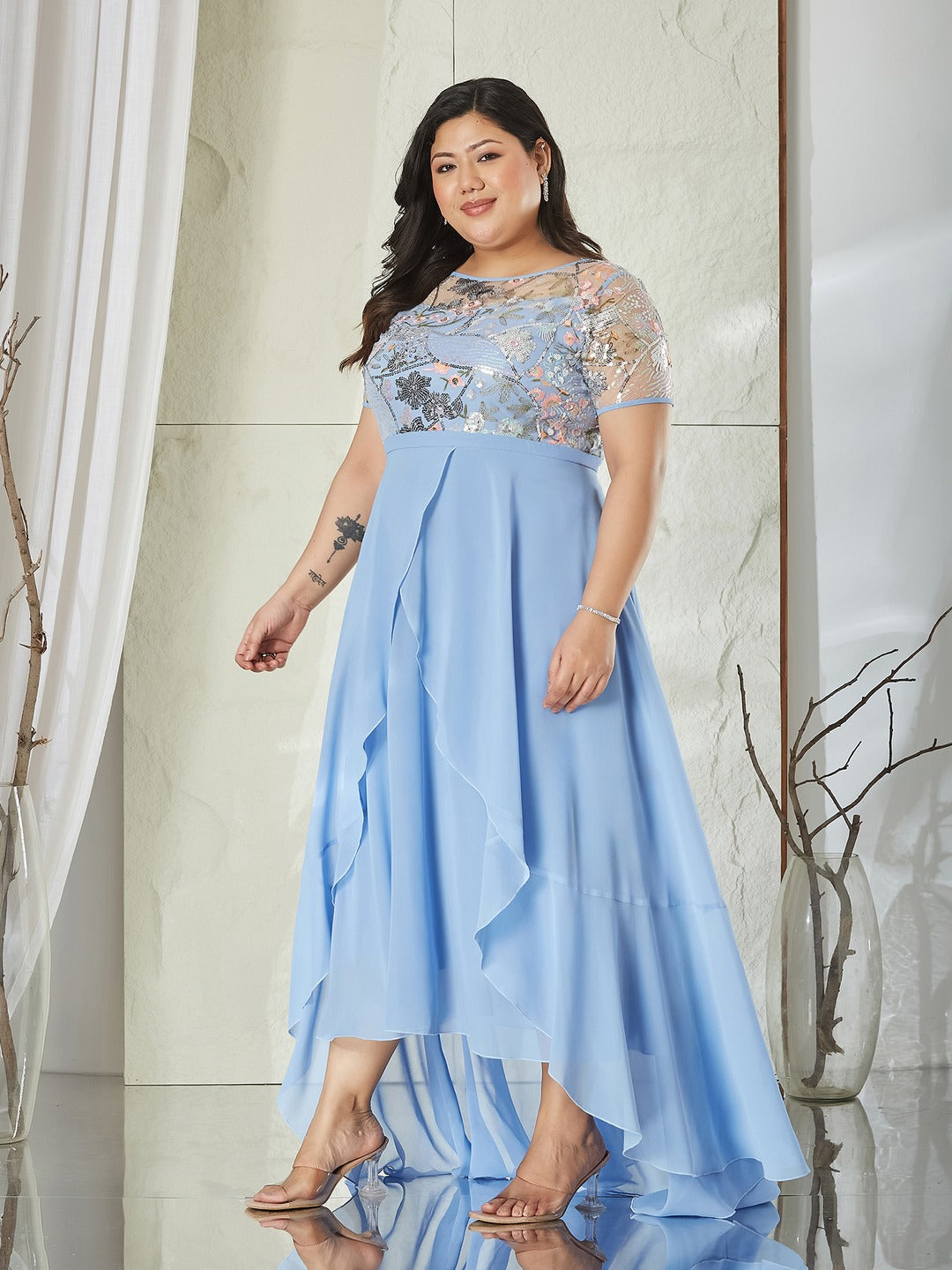 Sky Blue Round Neck Short Sleeve Floral Layered Georgette Midi Dress for Women