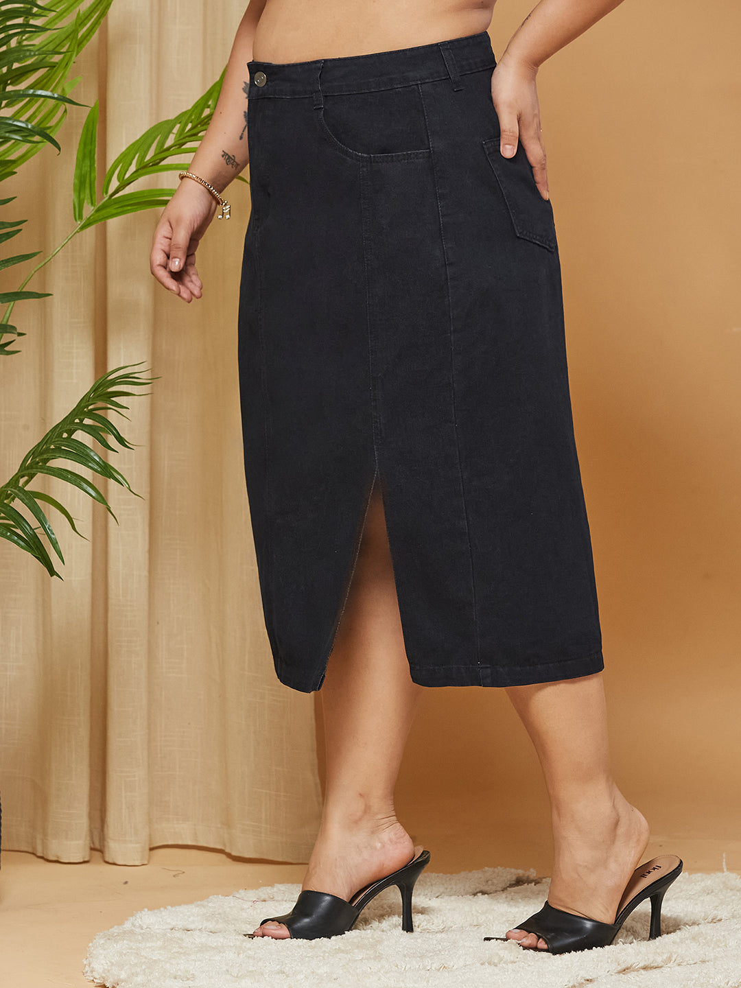 Black Straight-Fit High-Rise Stretchable Denim Midi Skirt for Women