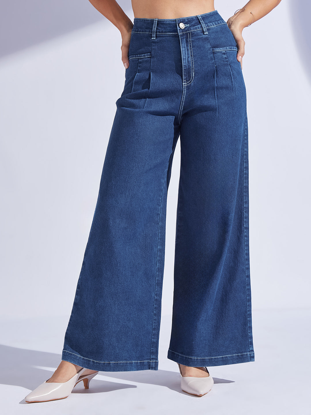 Mid-Rise Dark Blue Korean Pleated Wide-Leg Jeans in Lightweight Stretch Denim for Women — Miss Chase