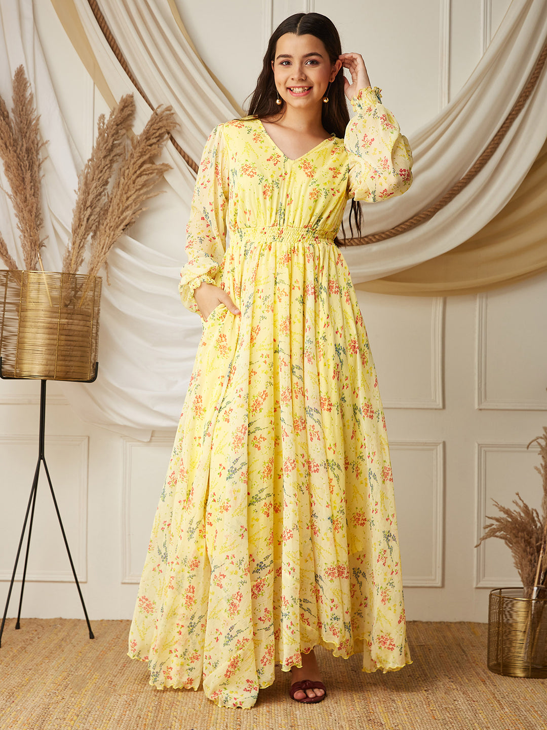 Multicolored-Base-Lime Yellow V-Neck Bishop Sleeve Floral Gathered Chiffon Maxi Dress
