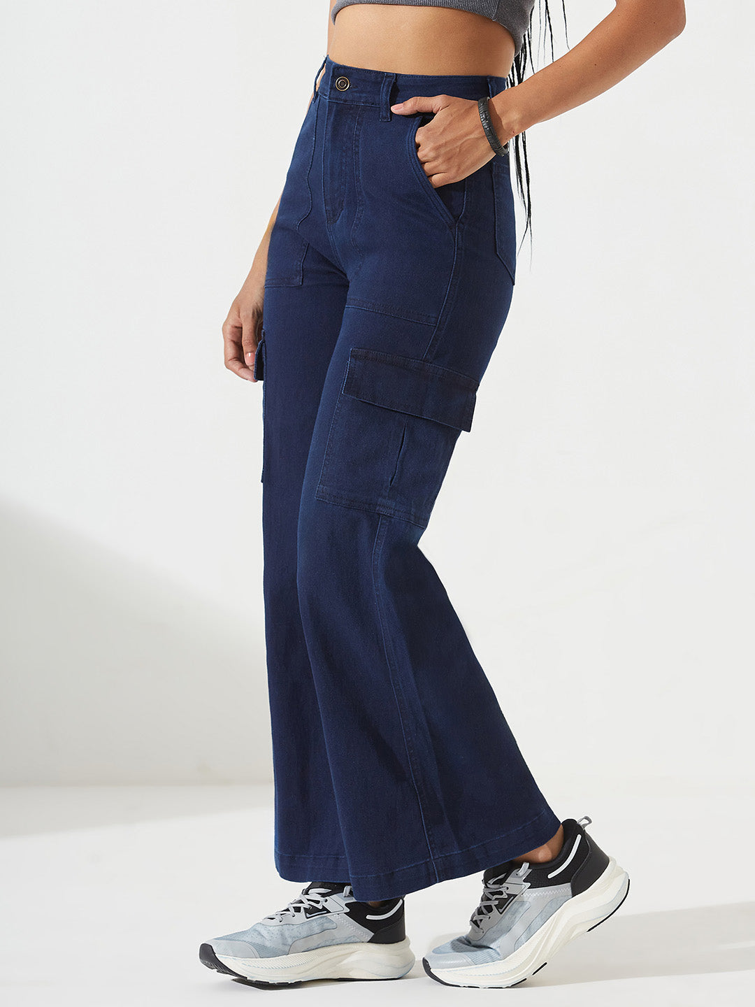 Navy-Blue Wide-Leg High-Rise Stretchable Cargo Denim Jeans for Women