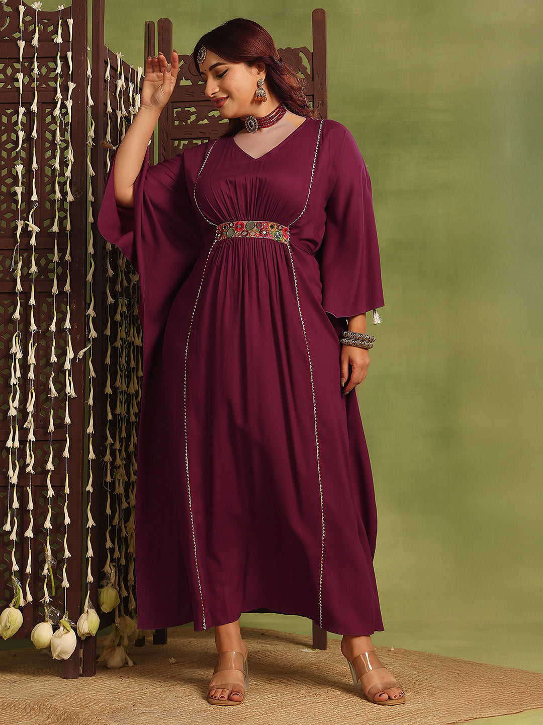 Women's Wine V-Neck Three-Quarters Sleeve Solid Viscose Rayon Maxi Kaftan Dress