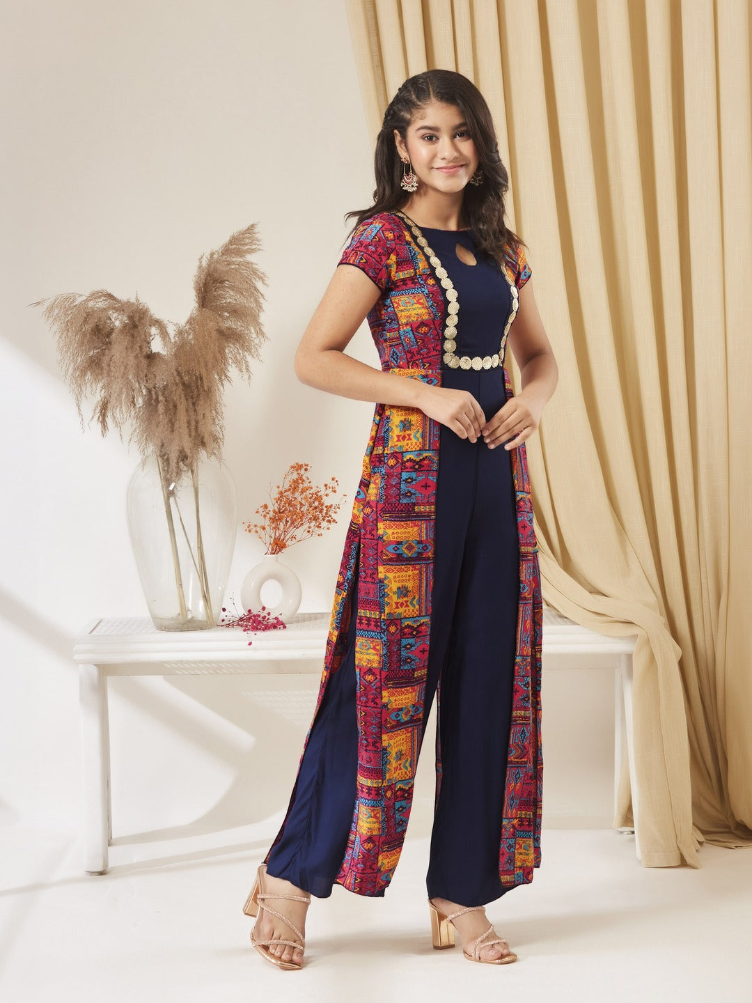 Navy Blue Keyhole-Neck Regular Sleeve Bohemian Paneled Viscose-Rayon Regular-Length Jumpsuit for Girls/Teenagers