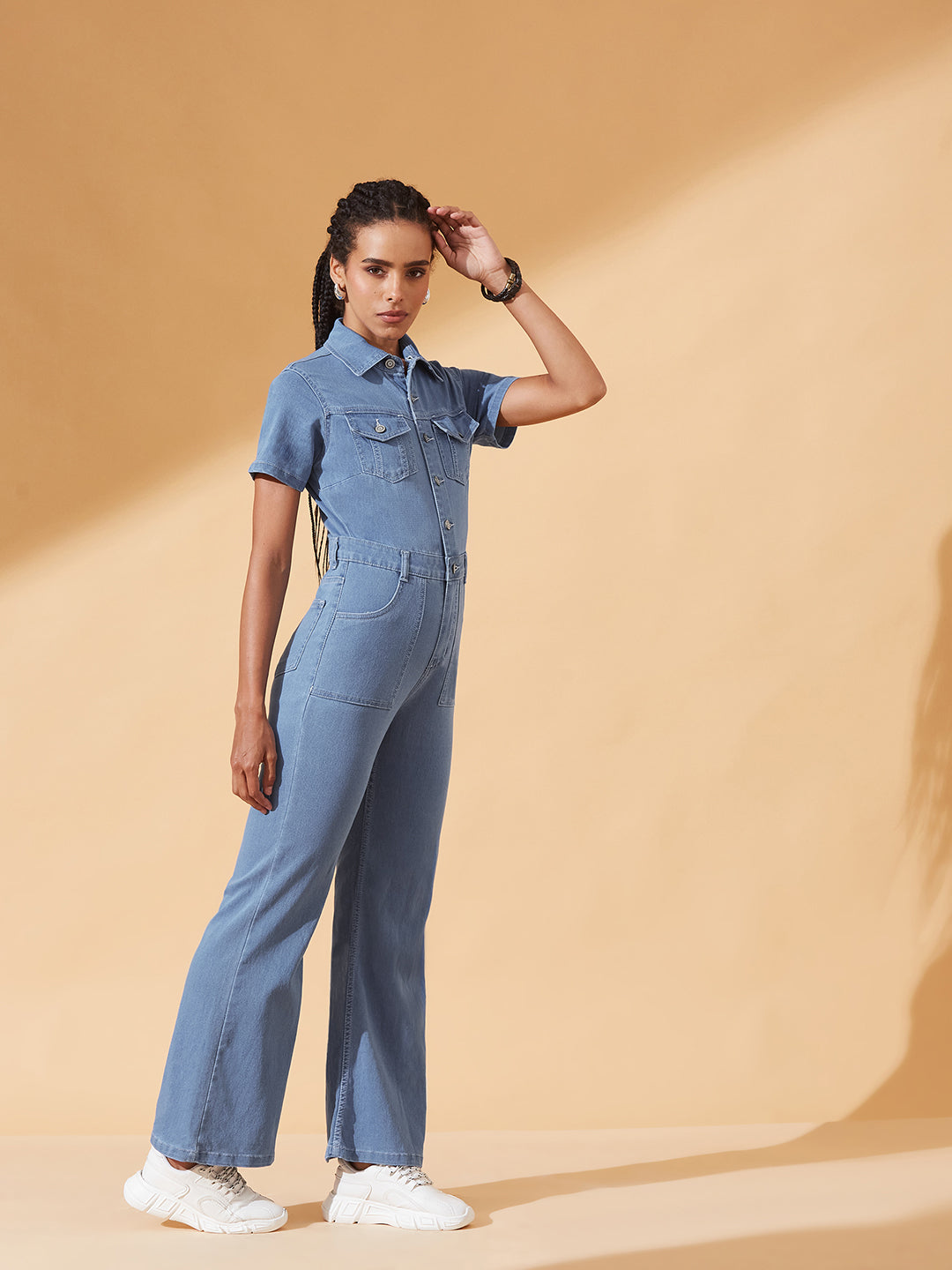Light-Blue Flared High-Rise Stretchable Denim Jumpsuit for Women