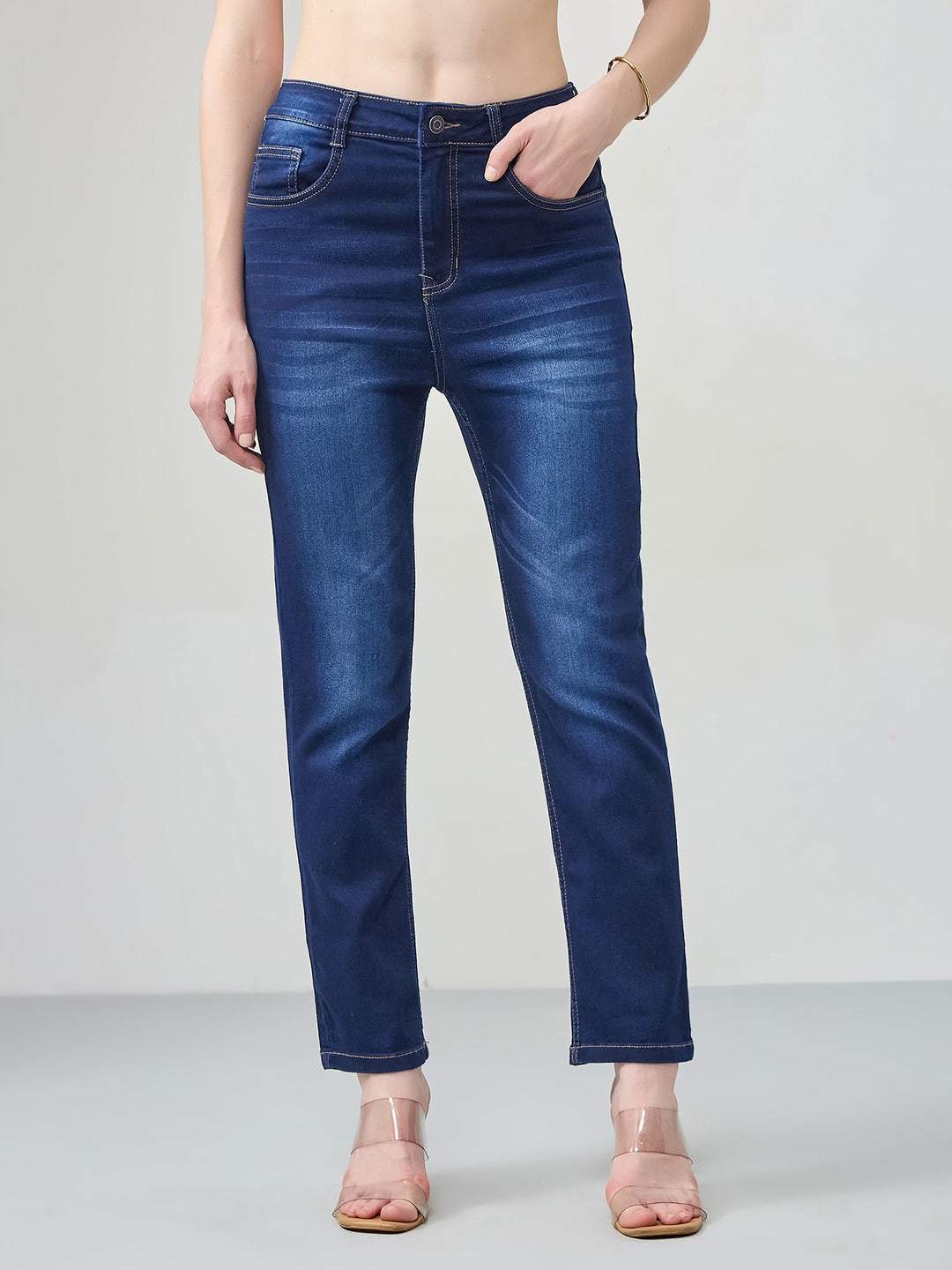 Mid-Rise Navy Blue Semi-Straight Fit Stretchable Jeans with Whiskering & Dark Wash Finish for Women
