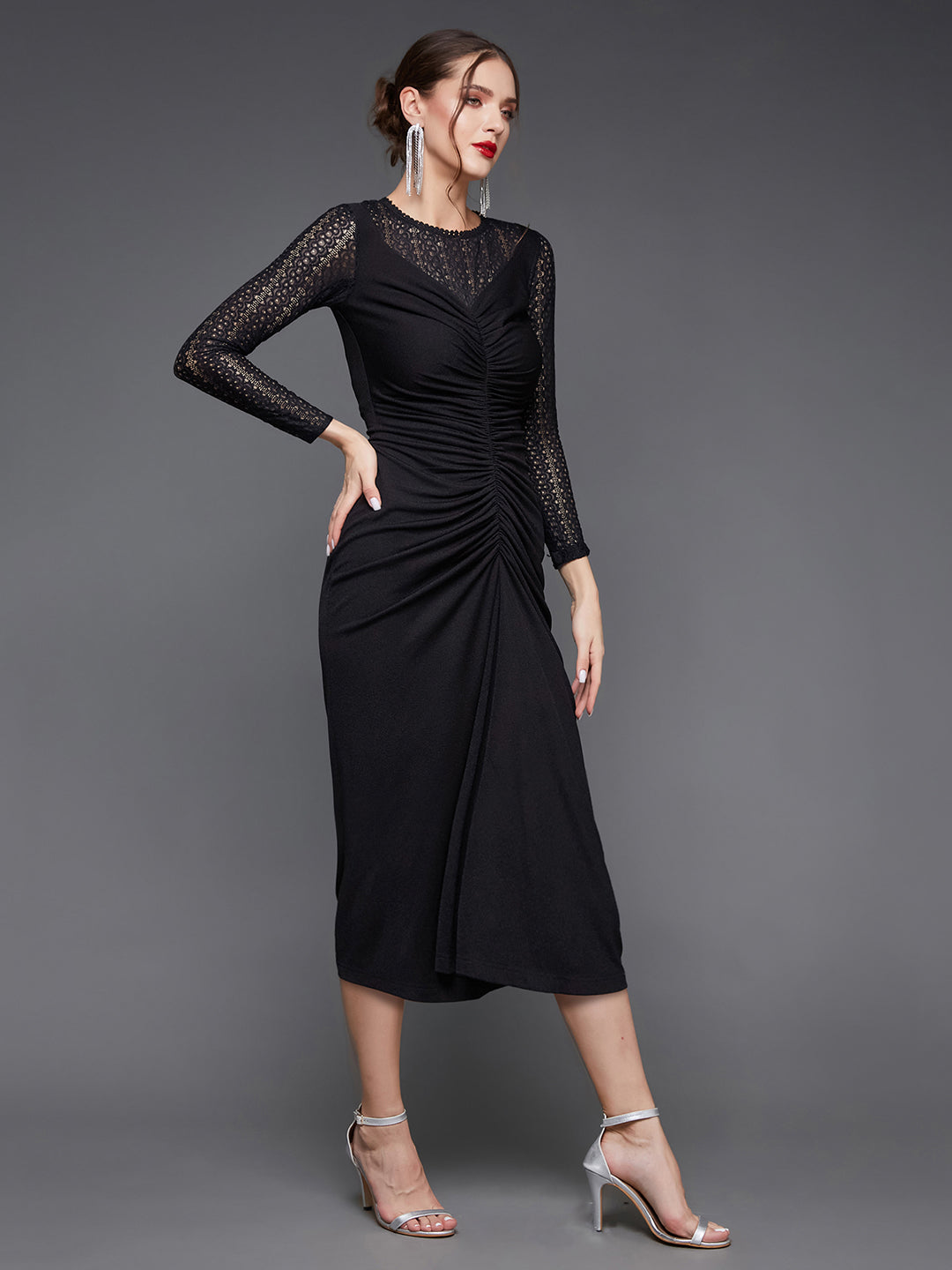 Women's Black Round Neck Full Sleeve Self-Designed Bodycon Midi Dress