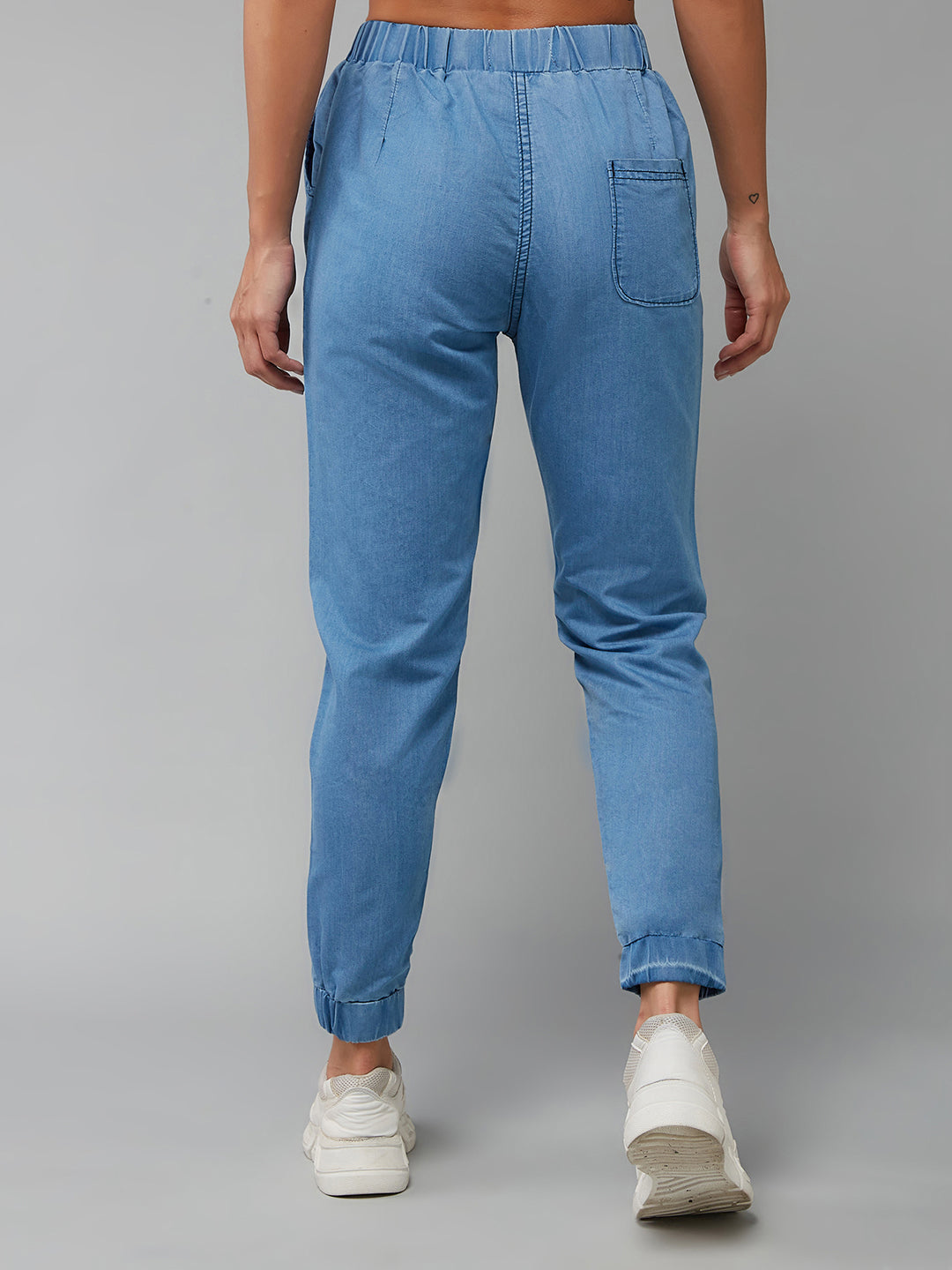 Women's Blue Regular Fit Mid Rise Regular Length Non-Stretchable Denim Joggers
