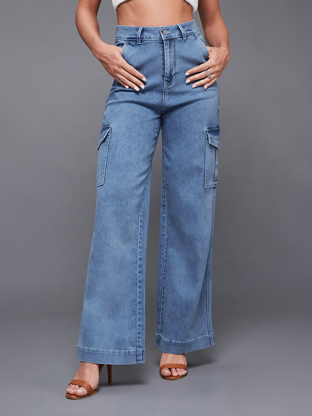 24/7 Comfort Women's Light Blue Wide Leg High Rise Stretchable Flared Cargo Denim Jeans