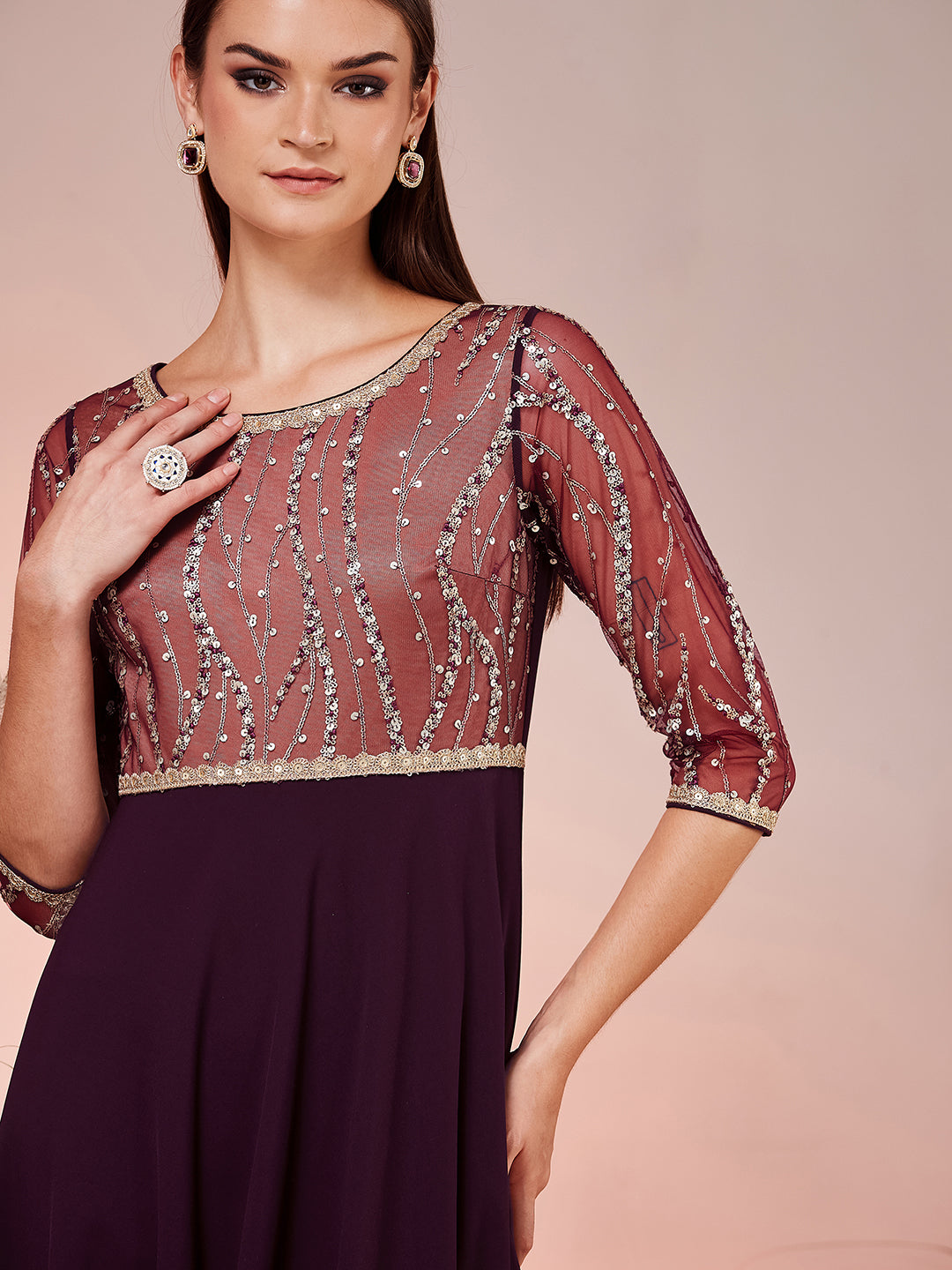Dark Purple Round Neck 3/4 Sleeve Embellished Embellished Maxi Georgette Ethnic Dress for Women — Miss Chase