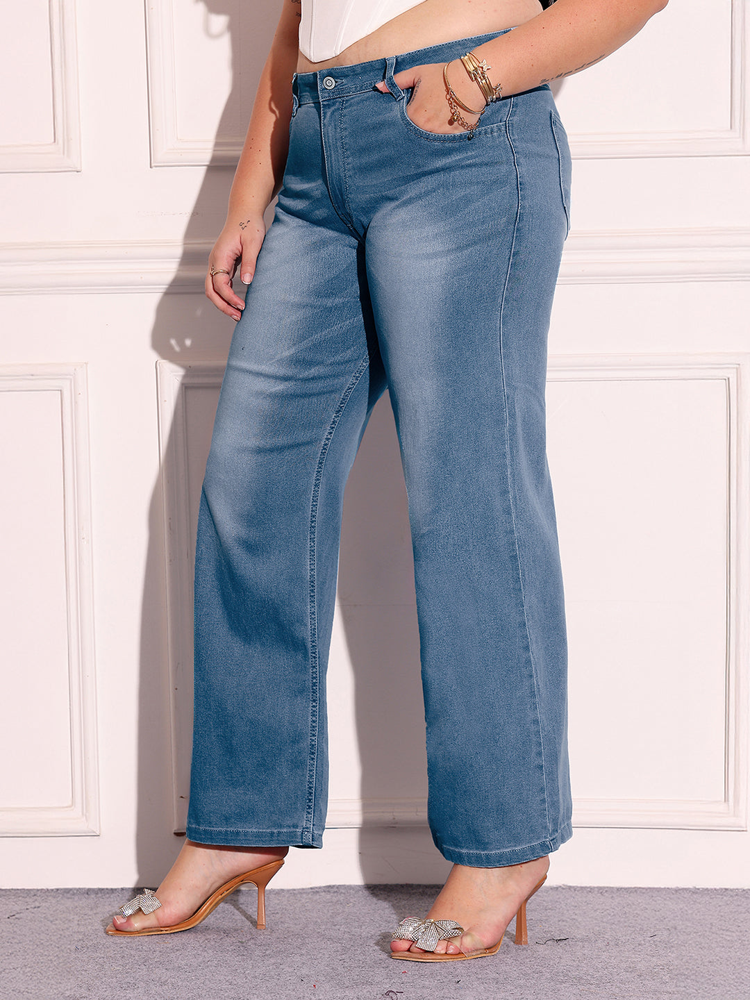 Women's Light Blue Wide-Leg Mid Rise Blast Effect Denim Jeans