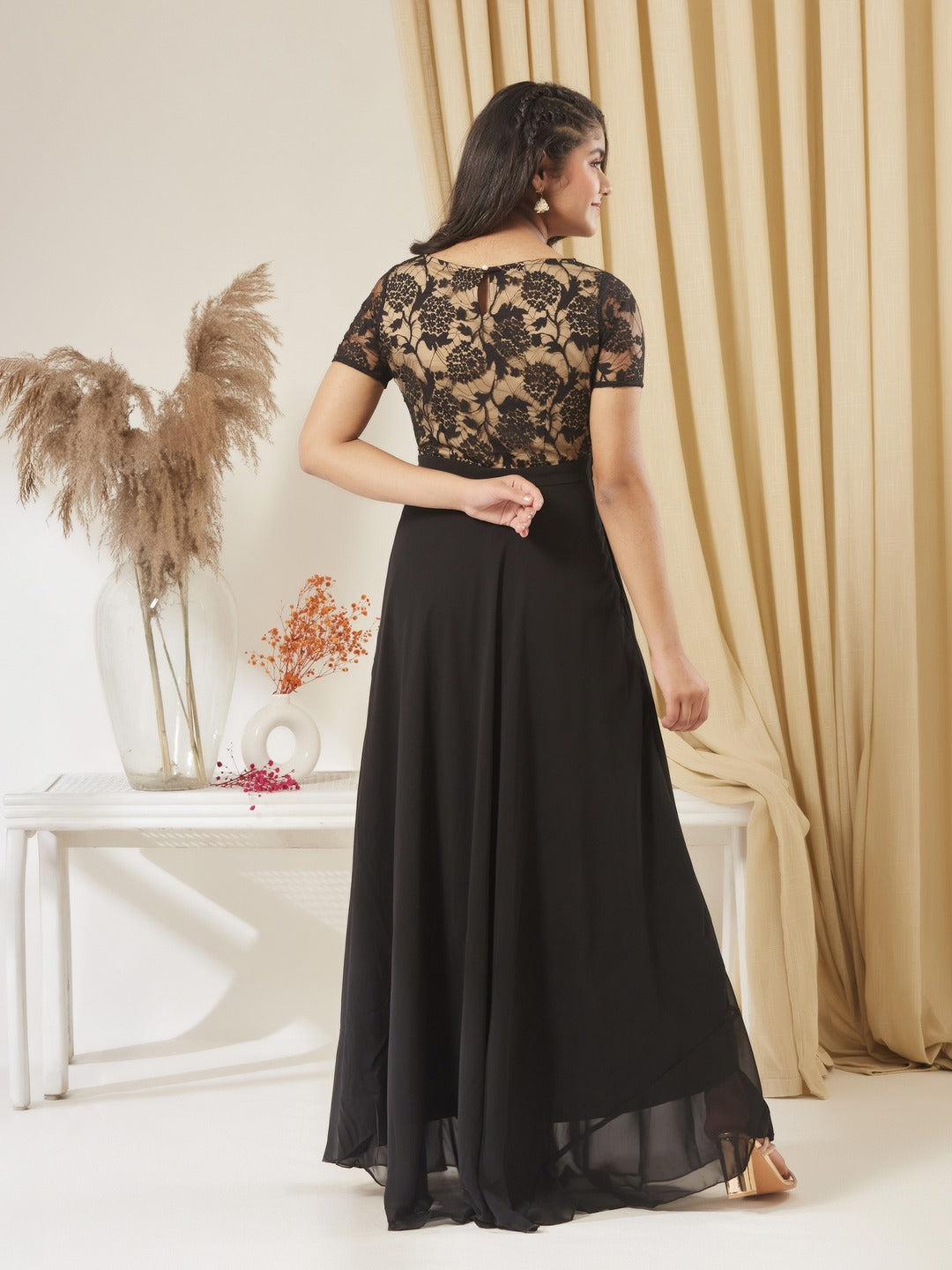 Black Round Neck Half Sleeve Self Design Fit & Flare Georgette Maxi Dress for Girls/Teenagers