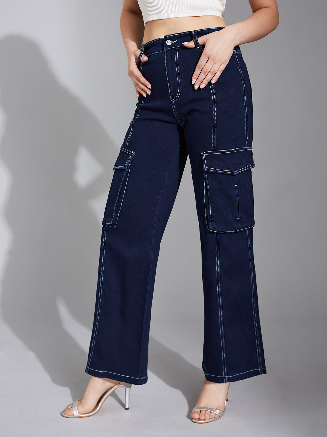 Women's Navy Blue Wide-Leg High-Rise Clean-Look Regular Stretchable Denim Jeans
