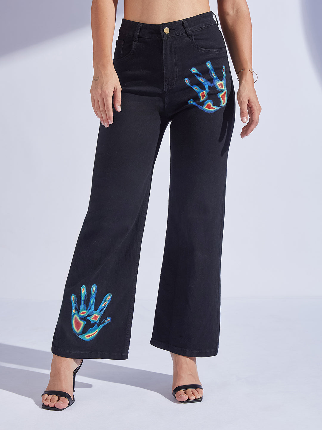 Black Wide Leg High-Rise Hand Painted Thermal Hand-Scan Stretchable Denim Jeans for Women