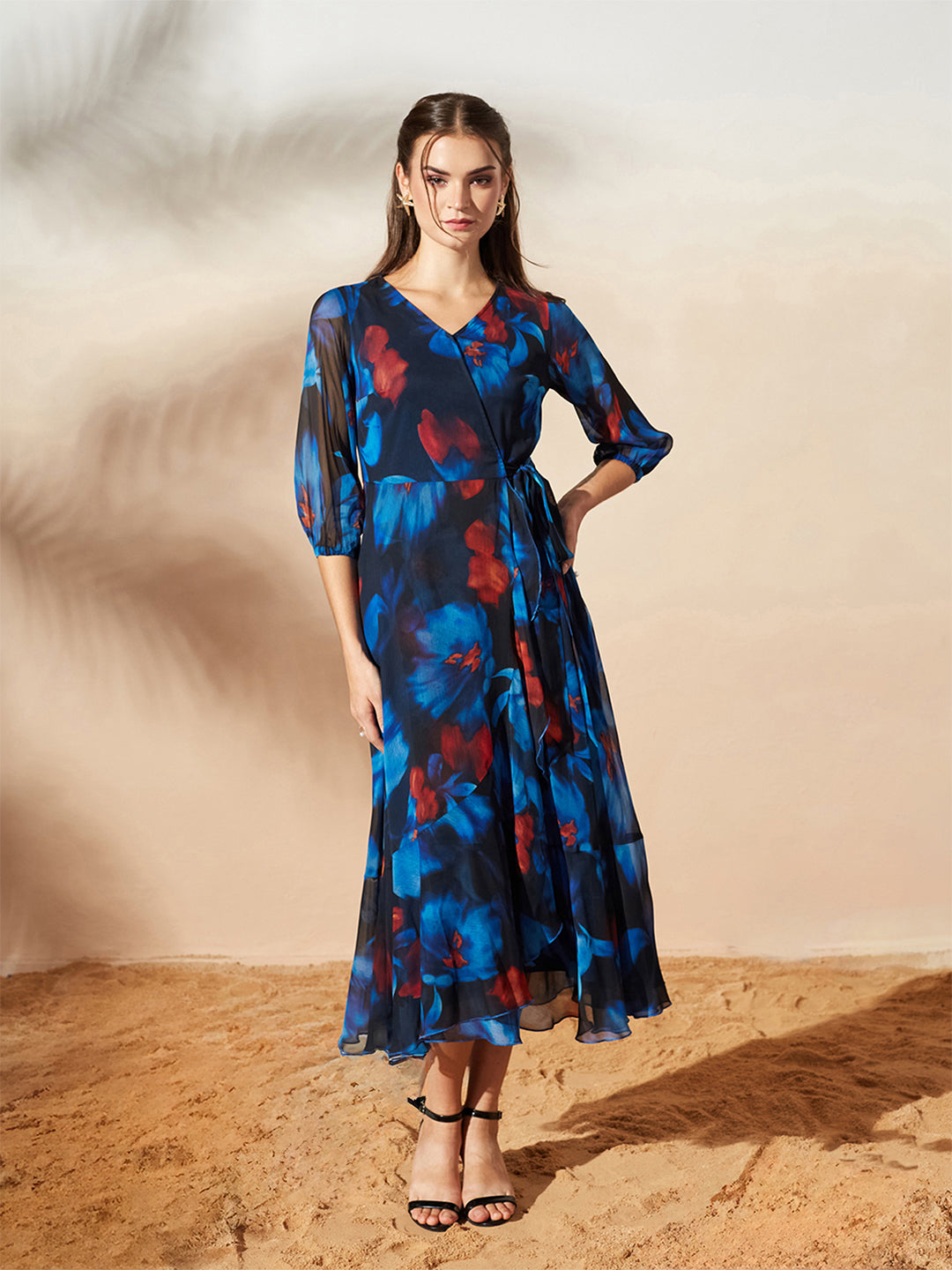 Women’s Multicolored Black Floral V-Neck 3/4 Sleeve Wrap Chiffon Midi Dress for Women