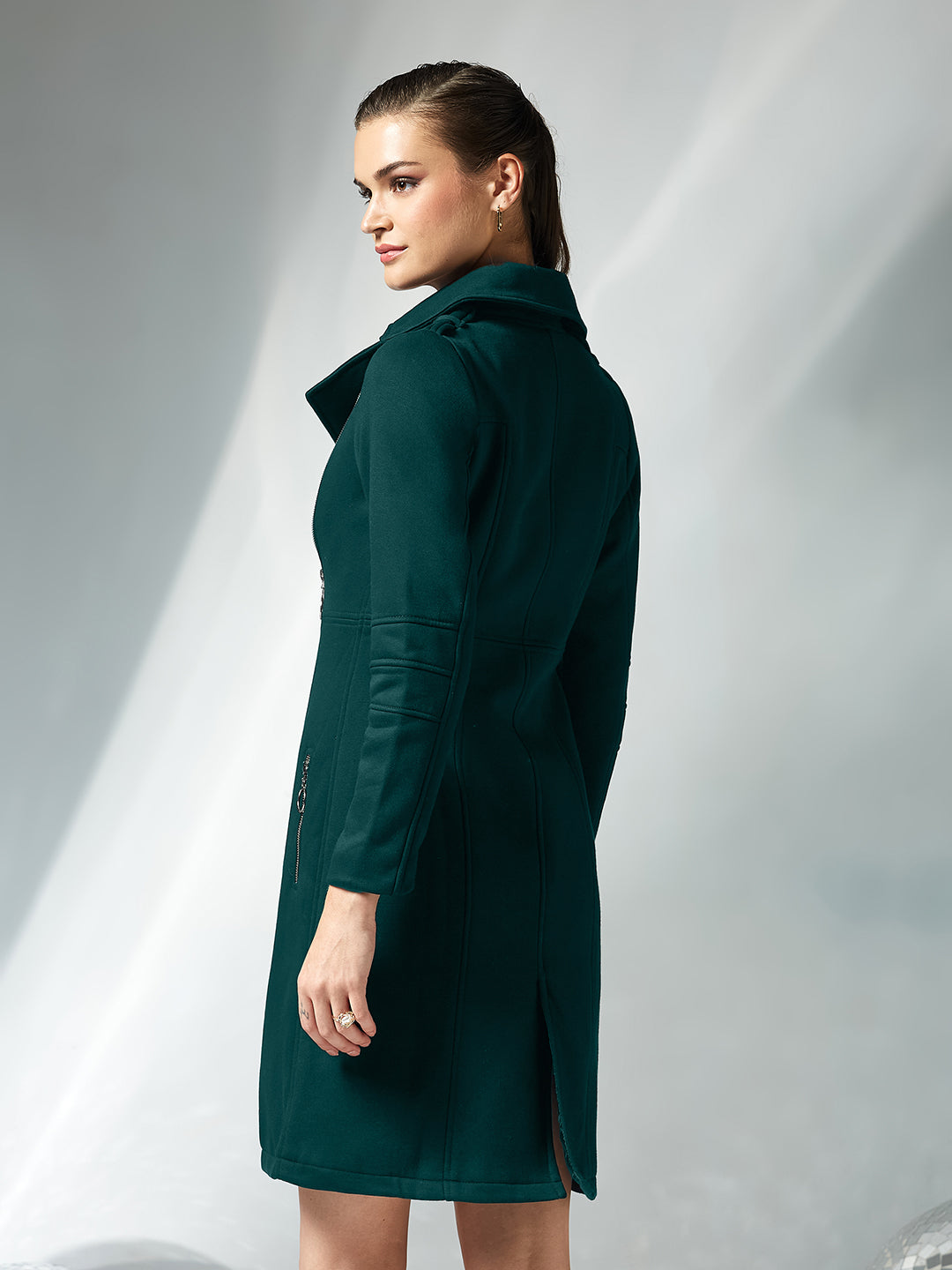 Women's Dark Green Notch Collar Multi Panelled Full Sleeve Solid Double Breasted Knee Length Jacket