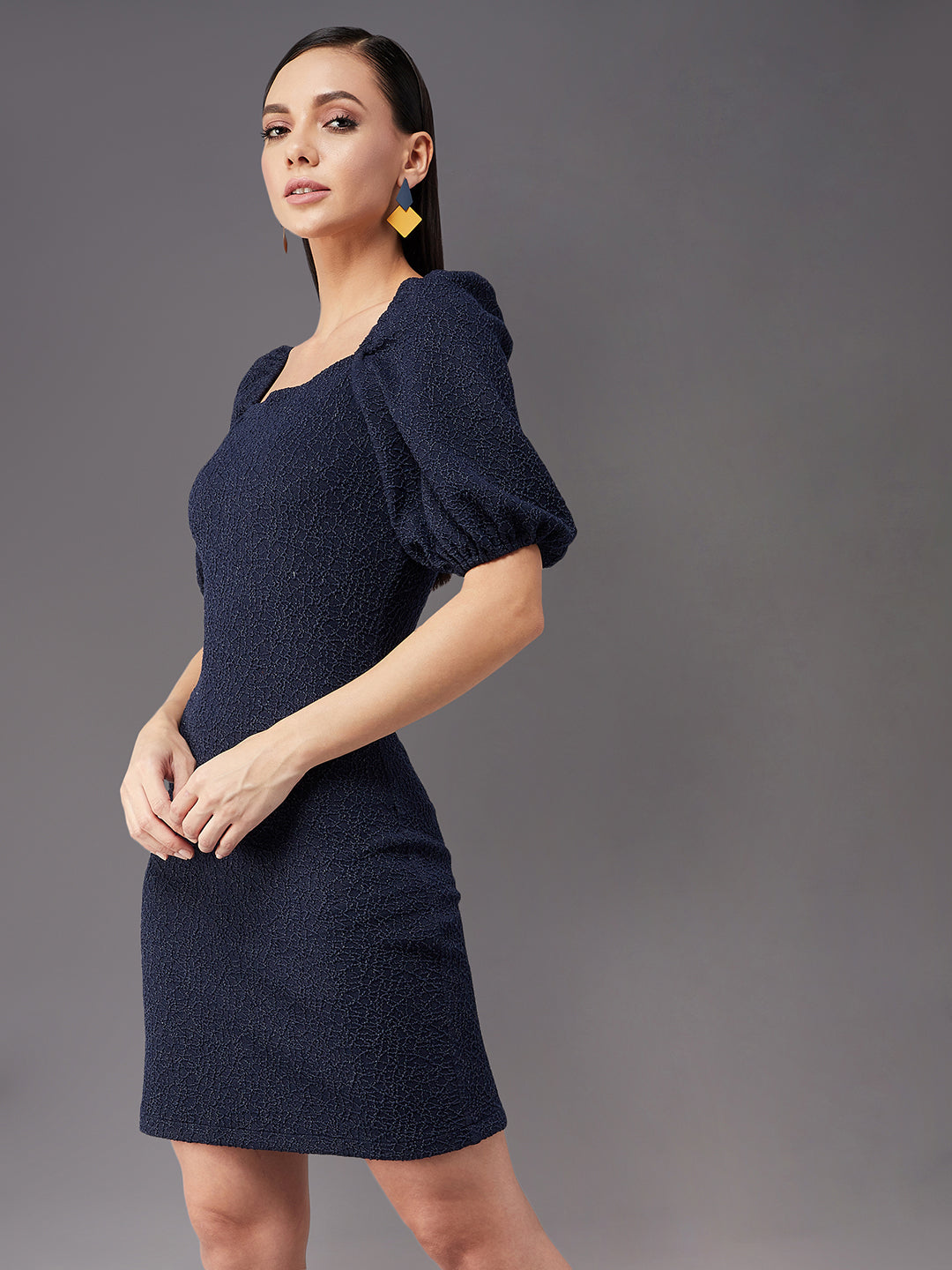 Women's Navy Blue Square Neck Puff Half sleeve Solid Bodycon Knee-Long Dress