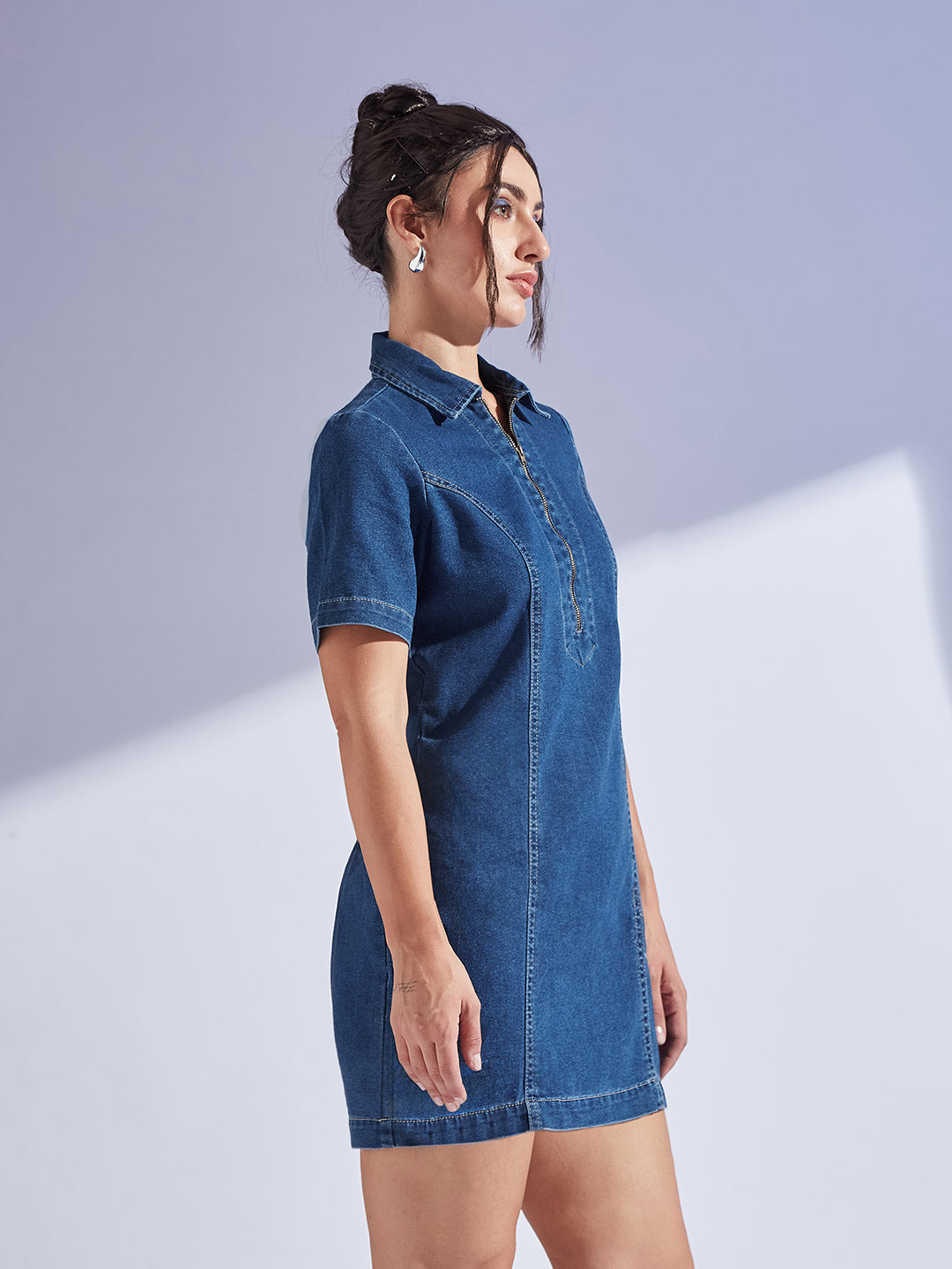 Women's Dark Blue Collared Half Sleeve Princess Seam Sheath Mini Dress