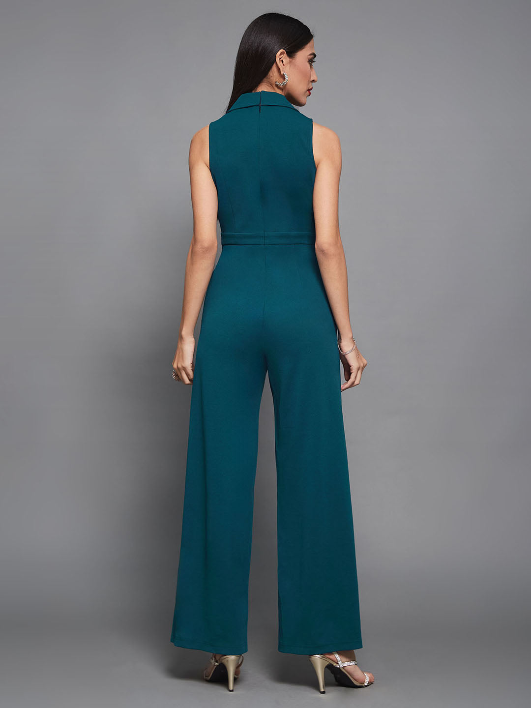 Women's Teal Notched Collar Sleeveless Solid Wrap Regular-Length Jumpsuit