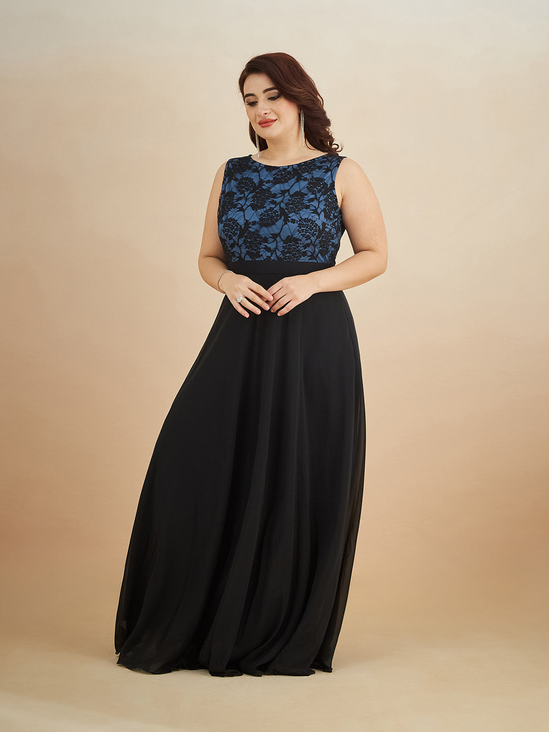 Blue & Black Round Neck Sleeveless Georgette Floral Lace Fit & Flare Maxi Dress for Women — Miss Chase A+
