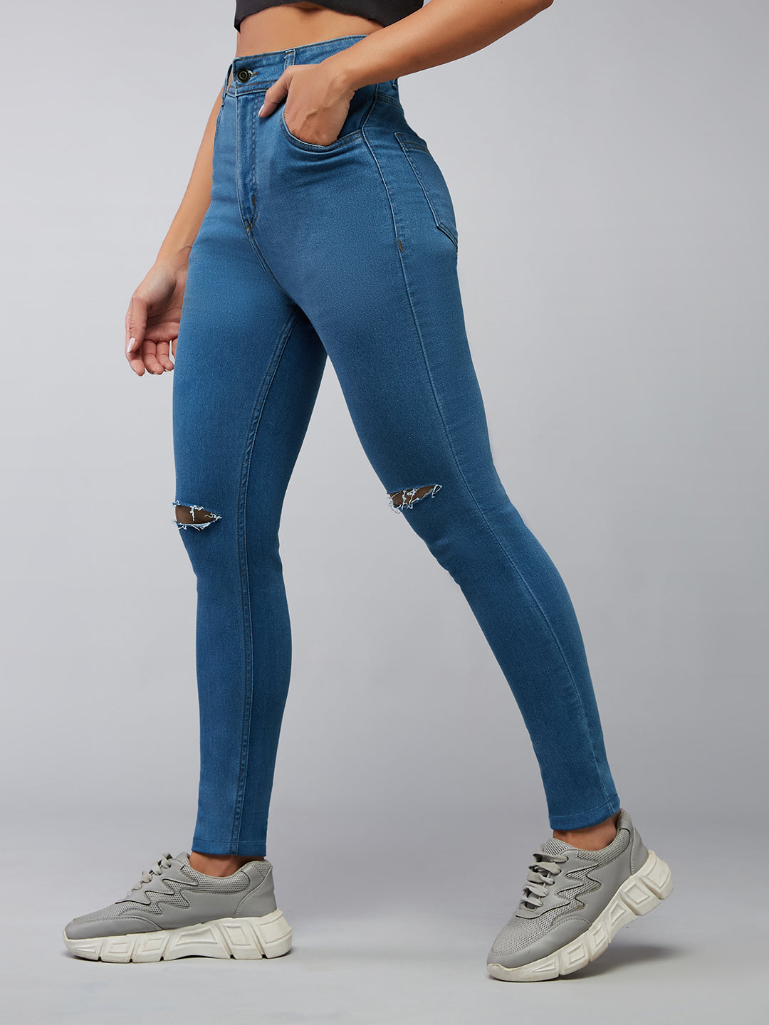 Women's Blue Skinny Fit High Rise Mildly Distressed Regular Stretchable Denim Jeans