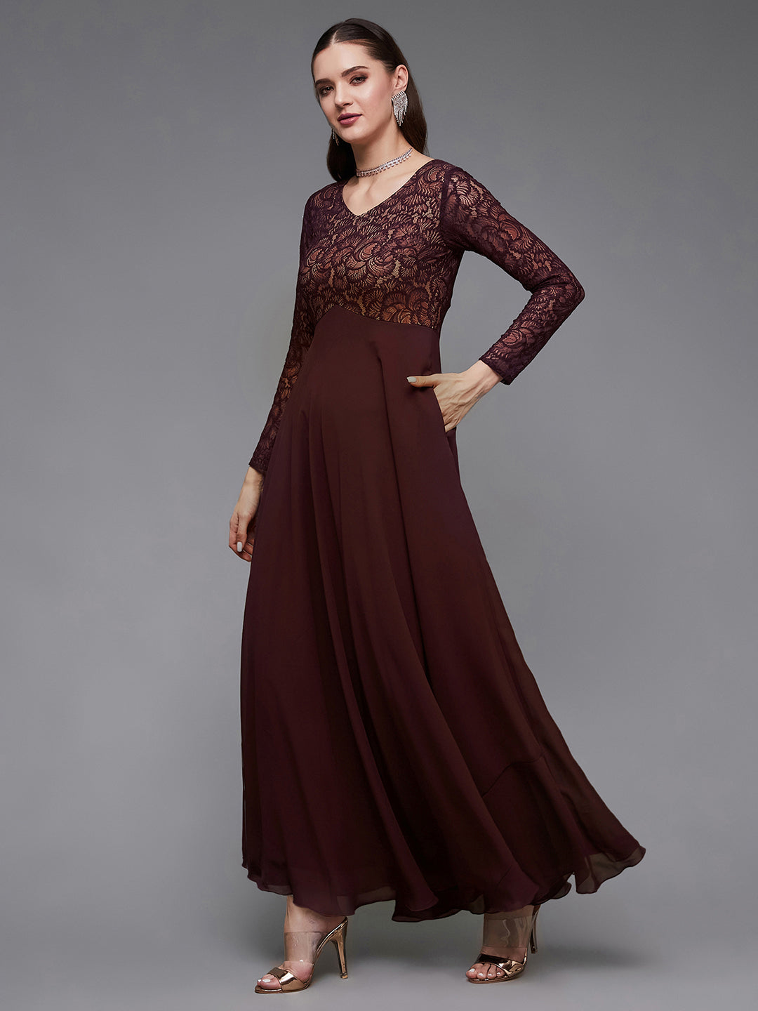 Women's Wine V-Neck Full Sleeve Self Design Lace-Overlaid Georgette Maxi Dress