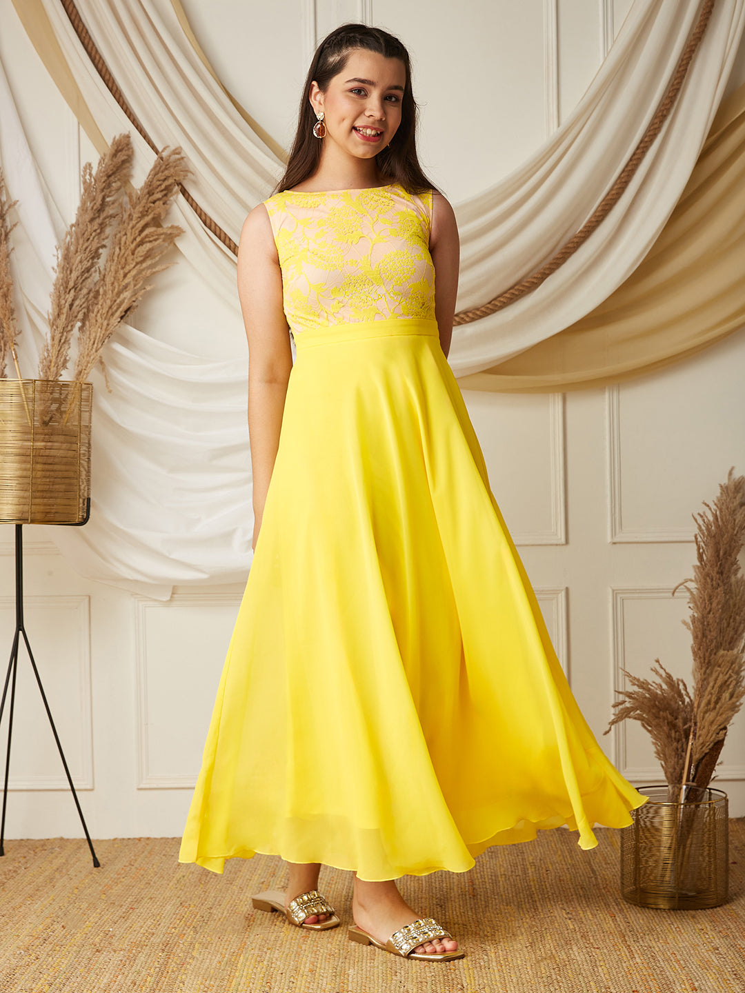 Light Yellow Boat-Neck Sleeveless Solid Lace Overlaid Polyester Maxi Dress