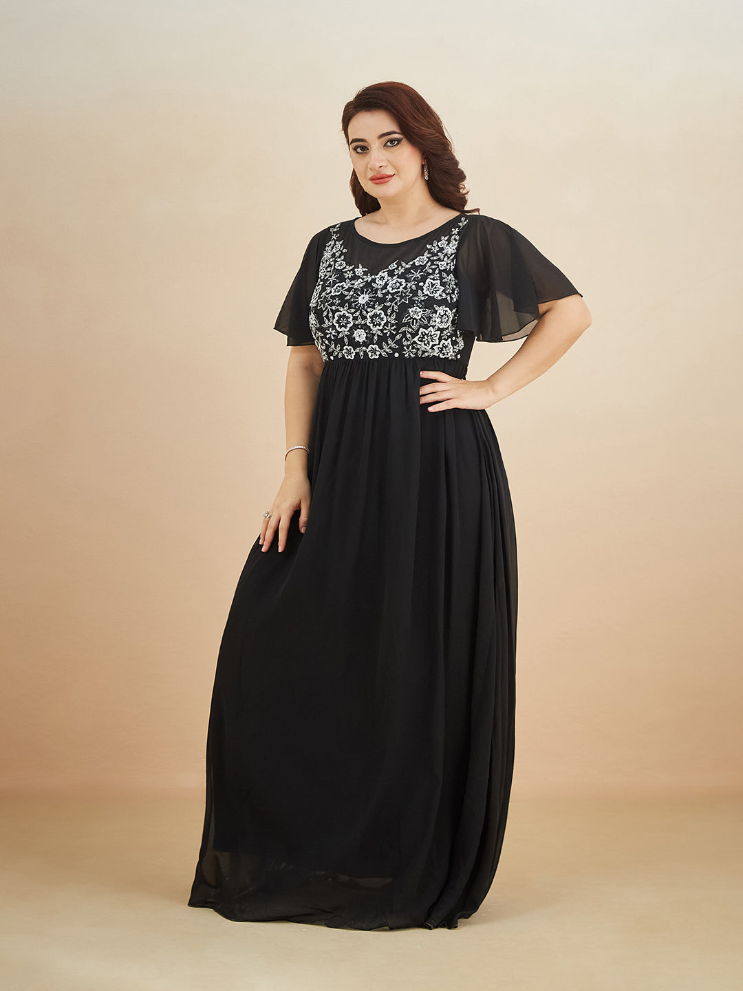 Black Embellished Gathered Maxi Dress for Women — Miss Chase A+