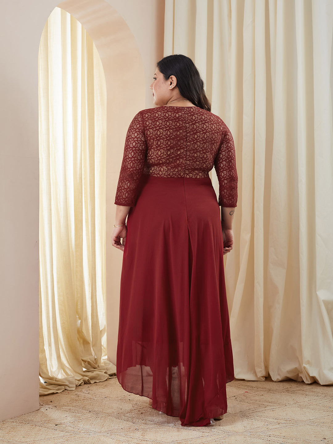 Maroon Floral Printed Relaxed Fit V-Neck 3/4Th Sleeve Georgette Maxi Dress for Women — Miss Chase A+