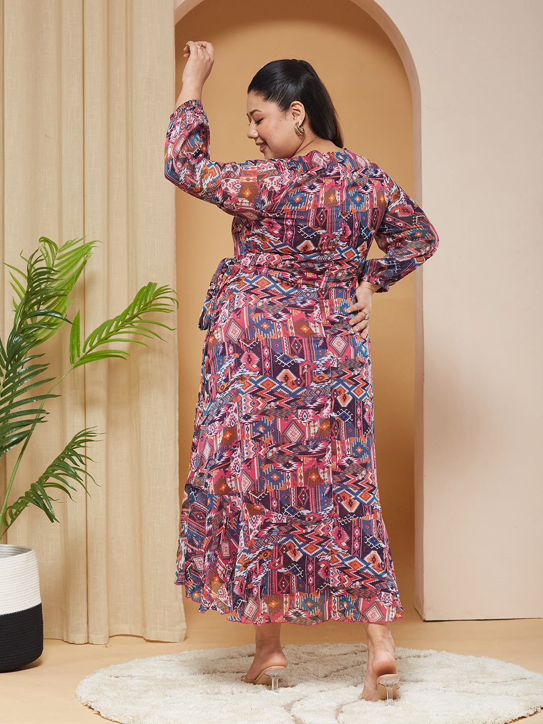 Multicolored V-Neck Three-Quarter-Sleeves Geometric Patterned Wrap Midi Chiffon Dress for Women