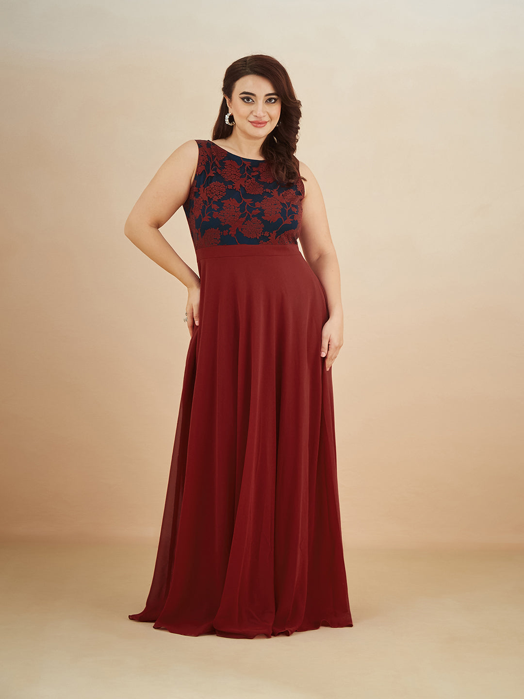 Maroon & Teal Boat-Neck Sleeveless Self Design Lace Overlaid Maxi Dress for Women — Miss Chase A+