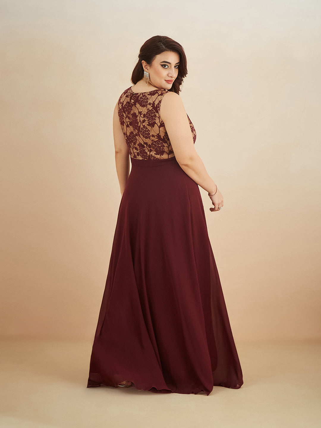 Beige & Wine Round Neck Sleeveless Georgette Floral Lace Fit & Flare Maxi Dress for Women — Miss Chase A+
