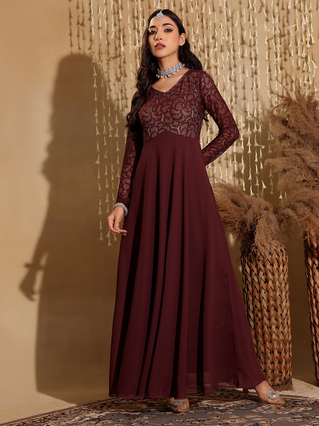 Women's Wine V-Neck Full Sleeve Self Design Lace-Overlaid Georgette Maxi Dress