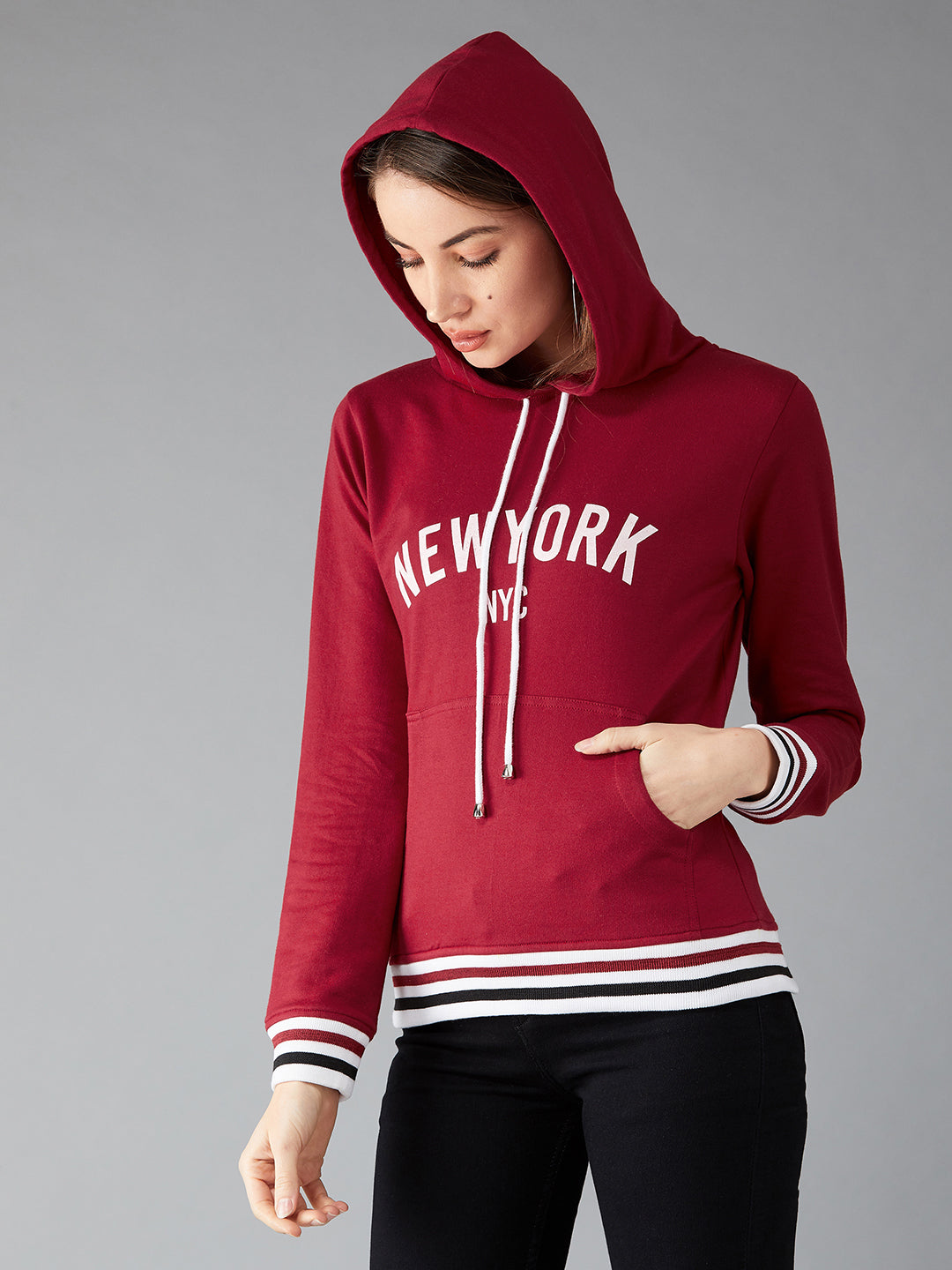 Women's Maroon Hooded Full Sleeves Screen Printed Eyelet Detailing Regular Length Sweatshirt