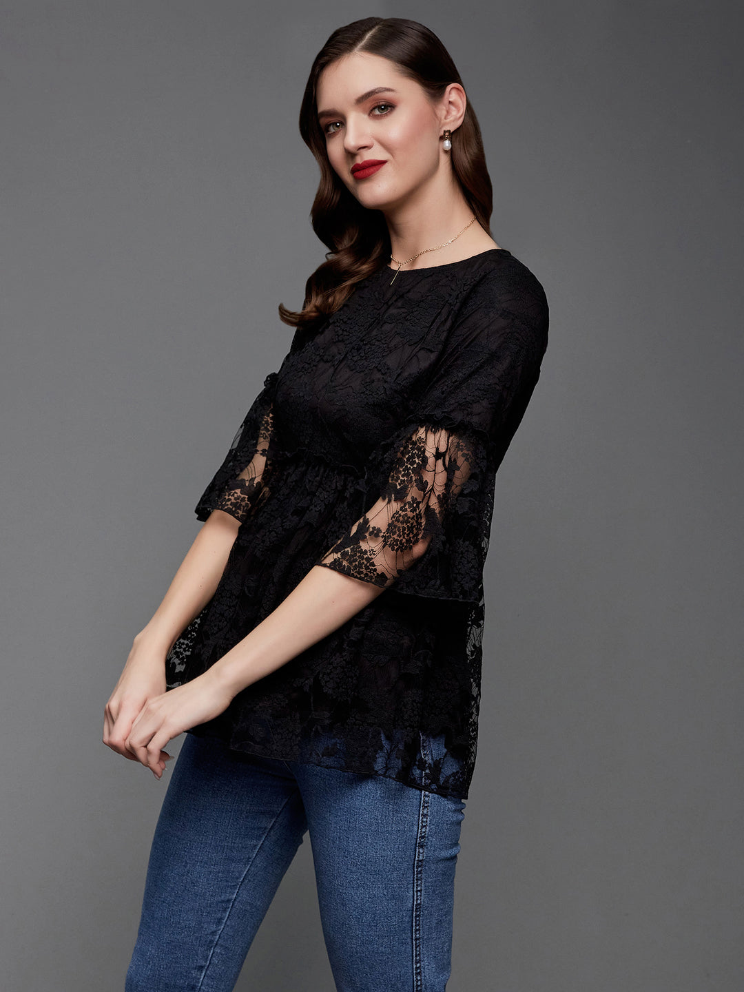 Women's Black Relaxed Fit Regular Lace Top