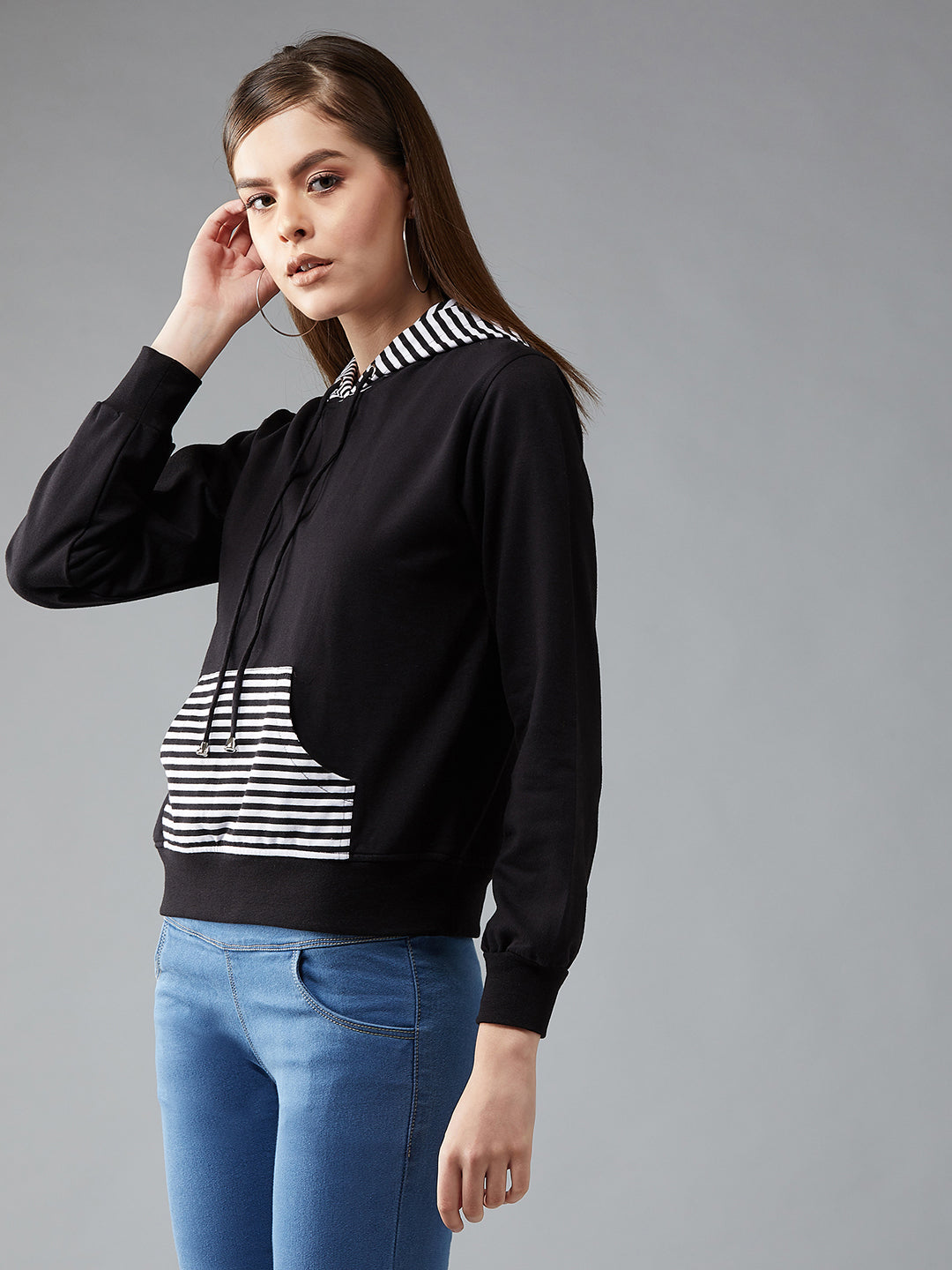 Women's Multicoloured-Base-Black Hooded Full sleeves Striped Boxy Regular length Sweatshirt